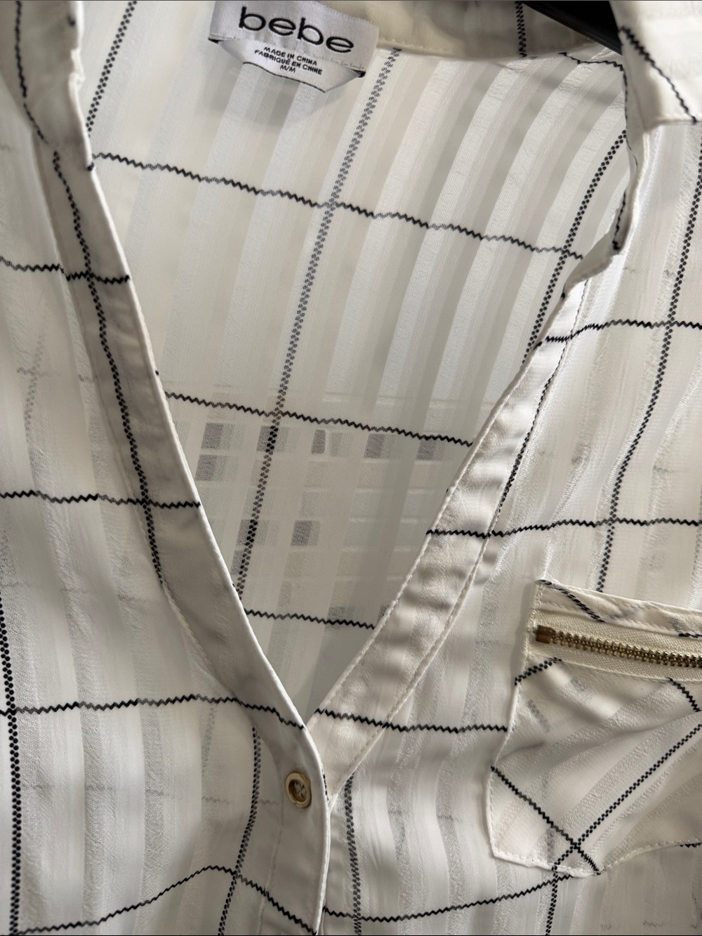 bebe White Blouse with Black Windowpane Grid